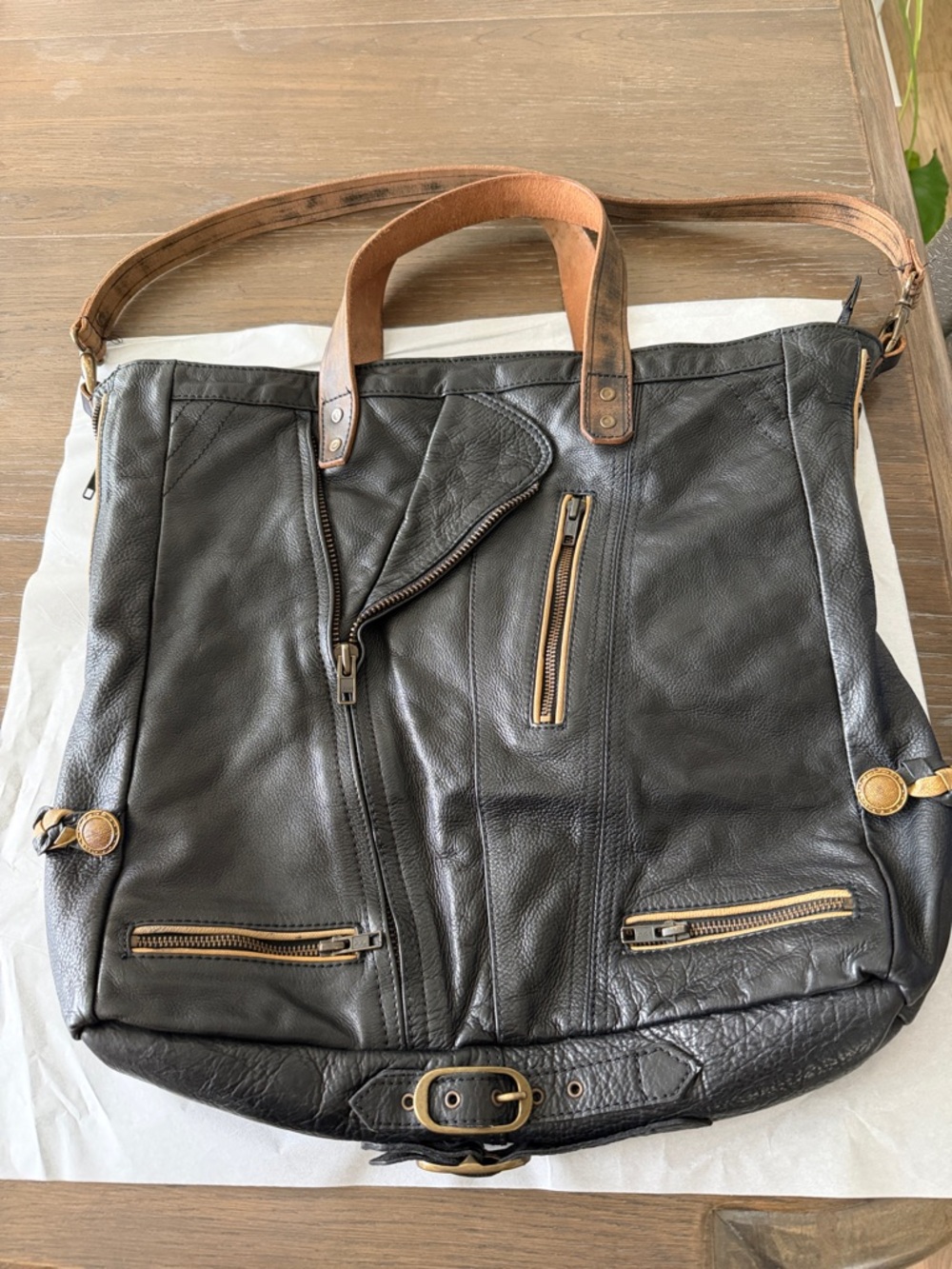 Free People Black Leather Tote with Brown Handles and Brass Accents